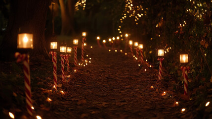 Fototapeta premium Lined with lighted candy canes or lanterns, guiding footsteps with their gentle glow. 