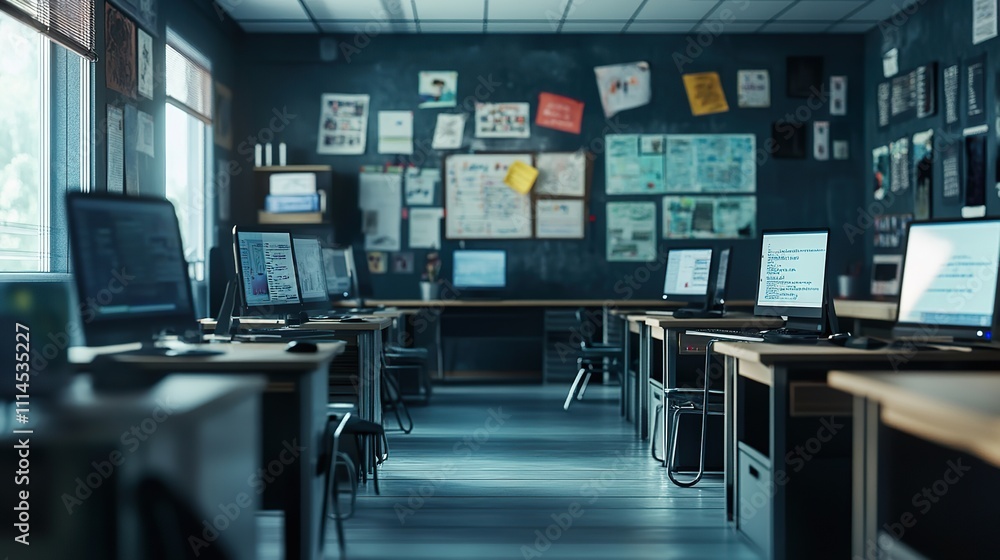 Poster a digital classroom setup with computers and educational posters on the walls, emphasizing a modern 