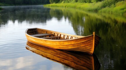 Obraz premium Wooden Rowboat on Calm River Water Reflecting Green Banks