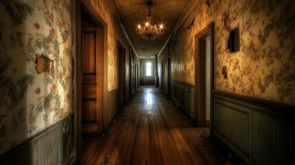 Fototapeta premium Long dark corridor of an abandoned haunted house with peeling wallpaper and creaking wooden floors background AI generated image
