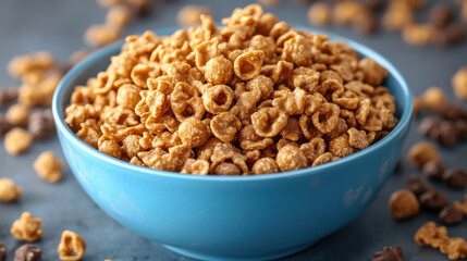 Obraz premium Crunchy caramel popcorn in blue bowl, surrounded by scattered pieces on gray background, evokes delightful snack experience