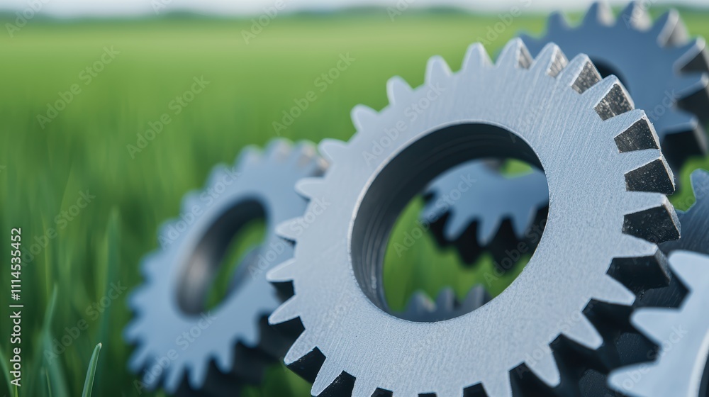 Poster a close-up of metallic gears resting in a green field, symbolizing the intersection of technology an