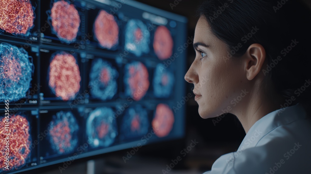 Poster a scientist analyzes intricate data displayed on multiple screens, highlighting the focus on researc