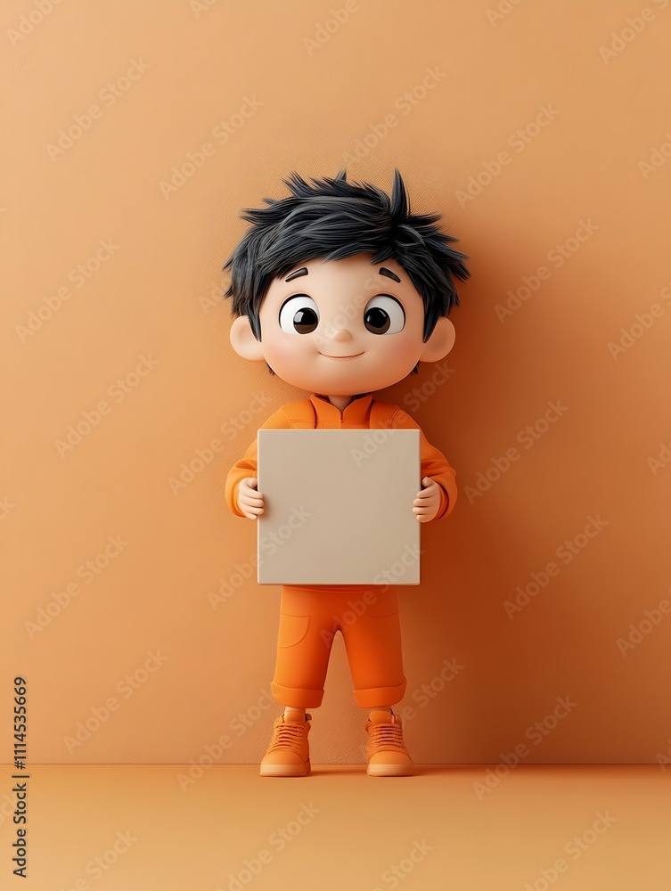 Poster cheerful and playful 3d rendered animated character firmly grasping a plain geometric box crafted in