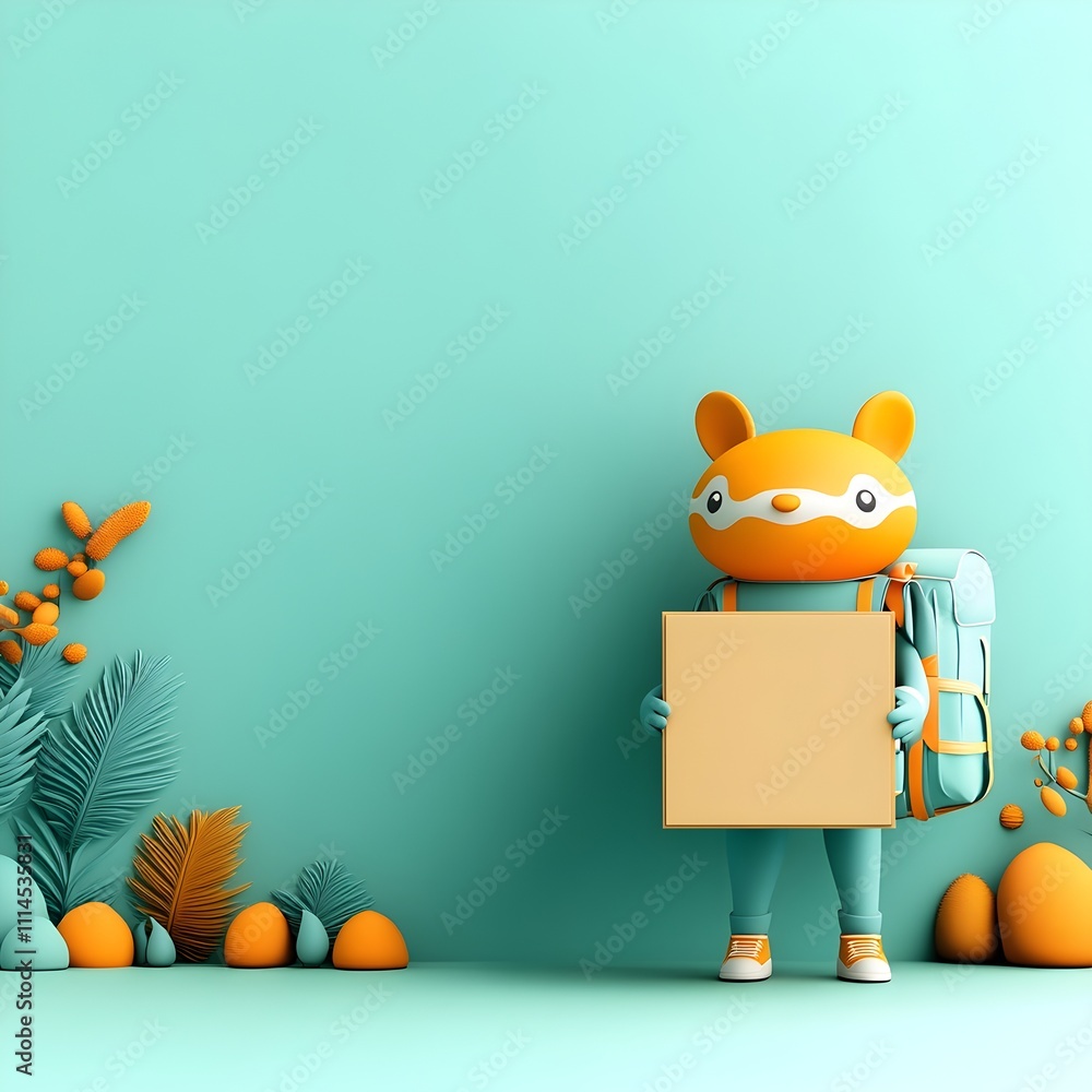 Poster adorable animated 3d rendered figure carrying an unbranded square cardboard container in a vibrant w