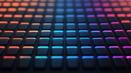 Naklejka premium A vibrant array of illuminated keys arranged in a grid, showcasing a spectrum of colors against a dark background.