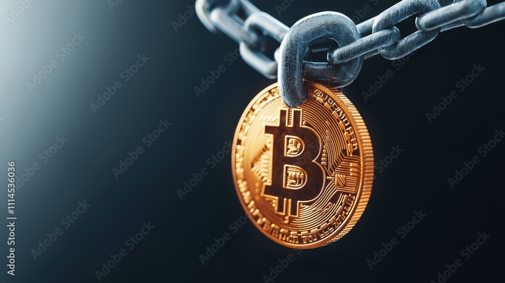 Poster a close-up of a bitcoin hanging from a metal chain, symbolizing security and the connection between 