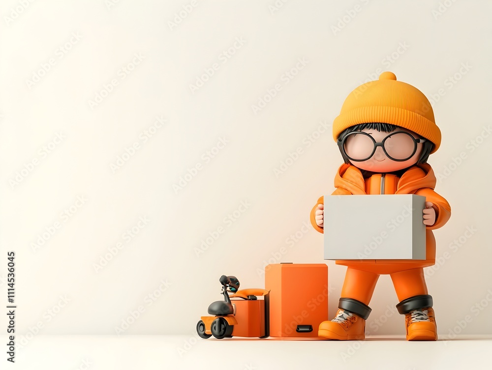 Poster whimsical 3d rendered animated figure clutching a plain cardboard box charming and expressive charac