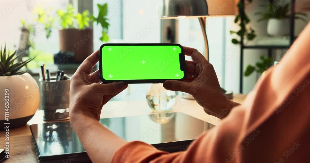 Poster Smartphone, hands and green screen for communication, mockup space and branding as ux. Person, mobile technology and connection in ui, network and internet for online, website or application in house