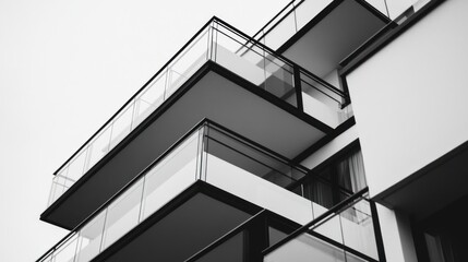 Fototapeta premium Close up of a contemporary apartment building set against a bright blue sky on a sunny day.