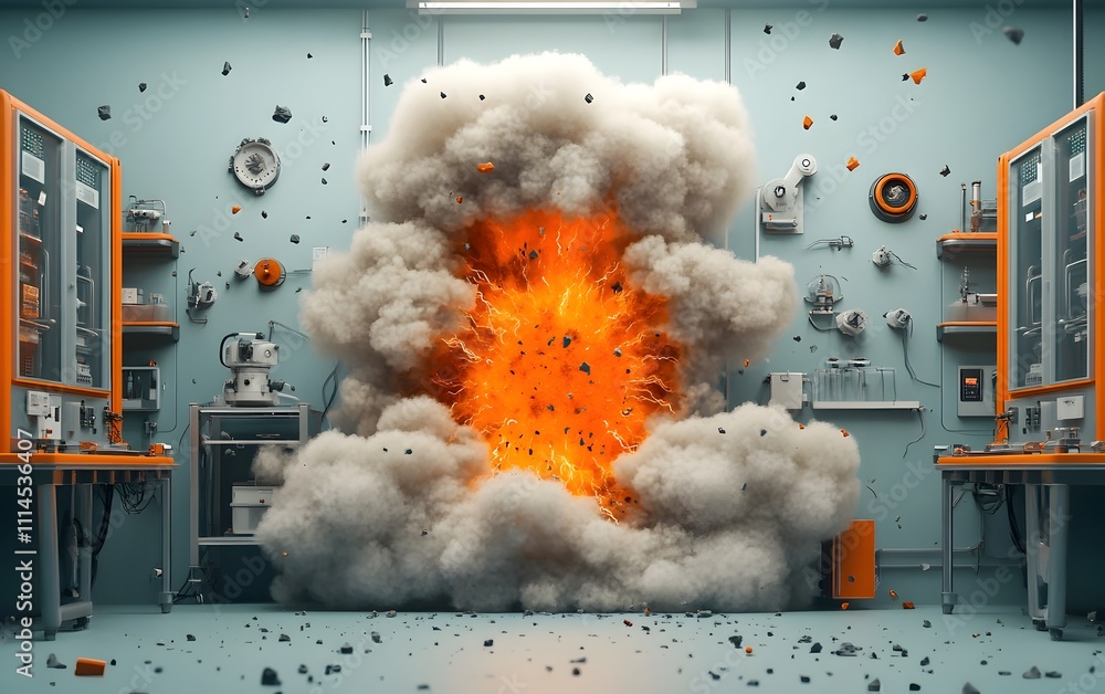 Poster dramatic and explosive scene of a futuristic laboratory setting featuring complex machinery and inst