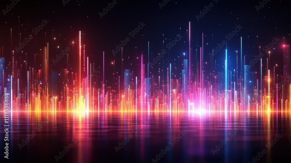 Aufkleber a vibrant digital landscape with colorful, illuminated vertical lines against a dark background, cre