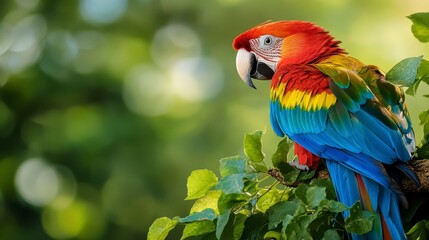 Obraz premium A vibrant parrot perched on lush green foliage, showcasing its colorful plumage in a natural, sunlit environment.