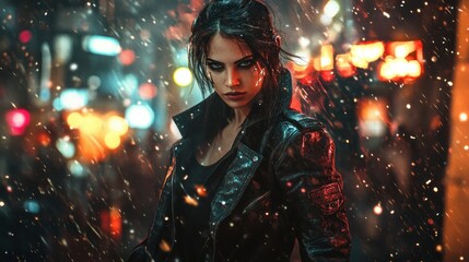 An female assassin agent walking through a busy cyberpunk night market background wallpaper AI generated image