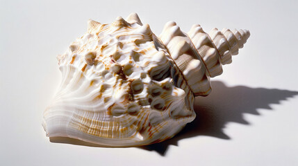 Obraz premium An ornate textured seashell is positioned isolated on a white background.