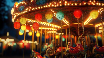 Obraz premium A carousel decorated with colorful lanterns hanging from its edges, spins in the middle of the night market, background wallpaper AI generated image