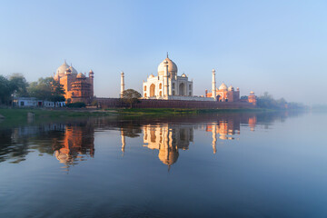 View over the Taj Mahal with its reflection over the River Yamuna in Agra, India