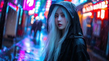 Fototapeta premium An Asian woman with white hair wearing a dark hoodie, walking in a neon cyber city, background wallpaper AI generated image