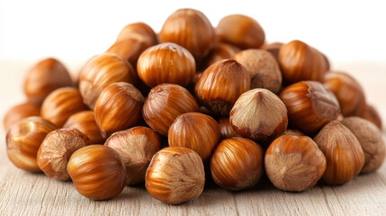 Obraz premium Fresh hazelnuts piled on wooden surface, showcasing their rich brown color and texture. These nuts are perfect for snacking or baking, adding delightful crunch to various dishes