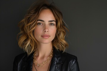A dynamic portrait of a female tech CEO wearing a modern black leather blazer and geometric necklace, against a high-contrast black background
