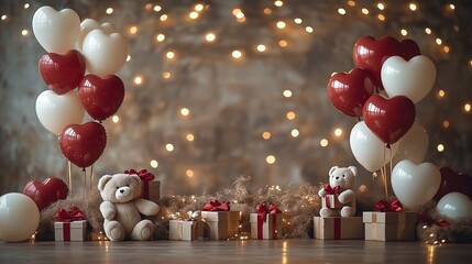 Romantic valentine's day setting with heart balloons and teddy bears for celebratory decor