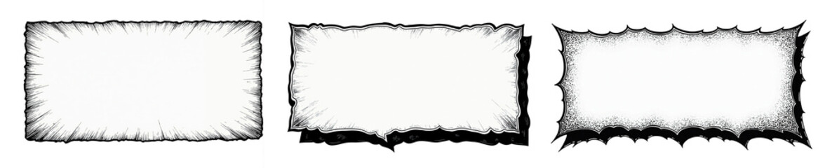 Set of three distressed rectangular frames with rough torn edges and grunge texture effects. Ideal for advertising, comic panels, storyboards, speech bubbles or thought balloons. Vintage aesthetic.
