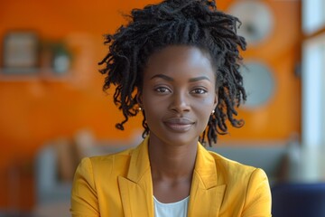 An approachable portrait of a female marketing executive in a bright yellow blazer and white top