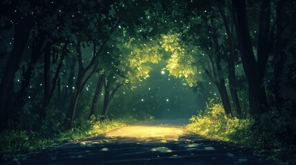 Obraz premium A dark asphalt road in the forest, lit by soft moonlight filtering through the tree canopy, background wallpaper AI generated image