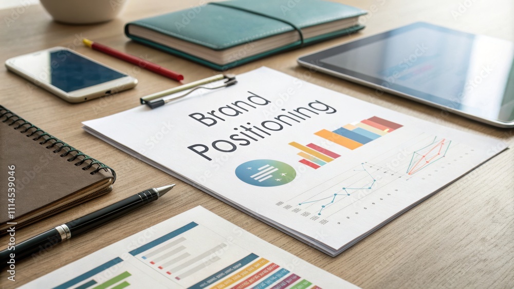 Poster analyzing brand positioning strategies in business office setting visual presentation informative vi