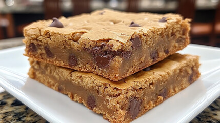 Delicious homemade chocolate chip blondies stacked on plate, showcasing their rich texture and chocolate chunks. Perfect for dessert lovers!