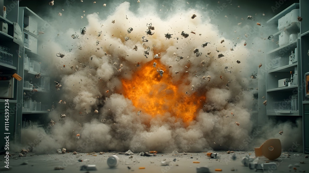 Poster the aftermath of a devastating explosion that shattered the calm and sterile environment of a high t