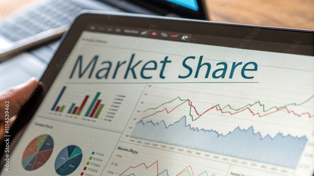Poster analyzing market share data on tablet screen business office infographic display digital environment