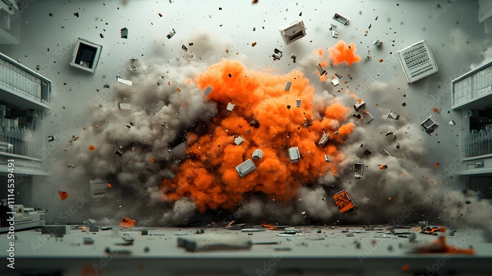Poster dramatic and intense visual capture of a research laboratory rocked by a violent detonation with sci
