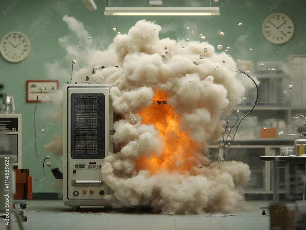 Poster towering plumes of flame devastating blast radius from a cutting edge rd laboratory with complex com