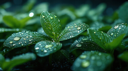 Lush green leaves glistening with water droplets create refreshing atmosphere, showcasing nature beauty and vitality