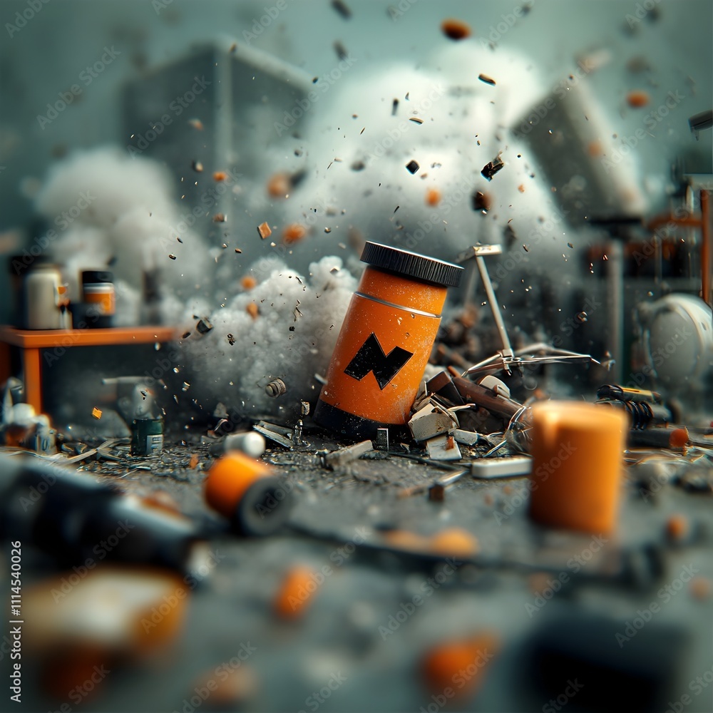 Poster the twisted wreckage of a laboratory decimated by a powerful blast shattered instruments collapsed s