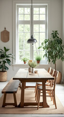 Obraz premium bright dining room with wooden table chairs