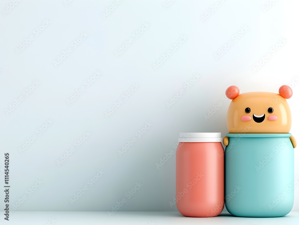 Poster animated mascot character presenting a simple paper container on minimalist white stage with childli