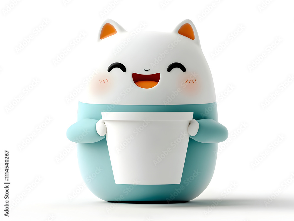 Poster a 3d rendered animated mascot character in an upbeat pose presenting a simple paper container on a m
