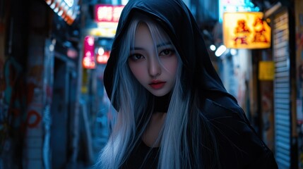 An Asian woman with long white hair under a black hood, her extremely beautiful face stood in a narrow alley, background wallpaper AI generated image