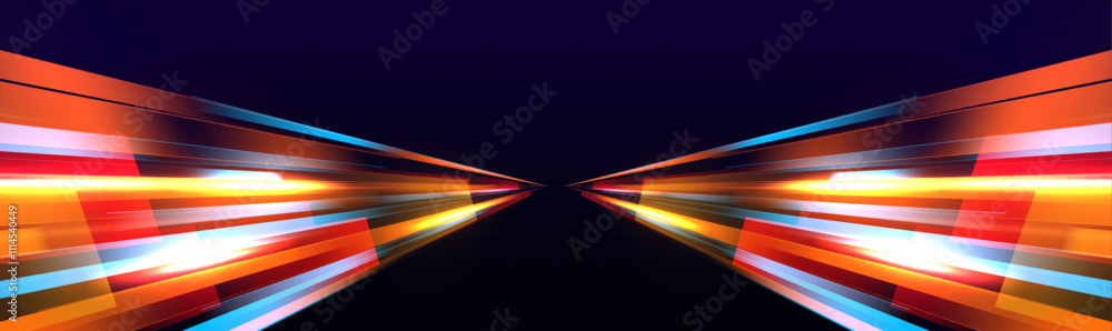 Poster Panoramic high speed technology concept, light abstract background. Image of speed motion on the road. Abstract background in blue and purple neon glow colors.
