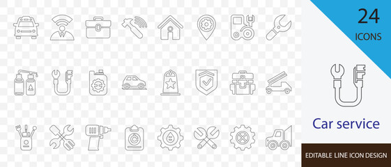 Car service simple line icon  set. containing  repair, mechanic, automotive, battery, fuel, ignition, steering and more stroke design 