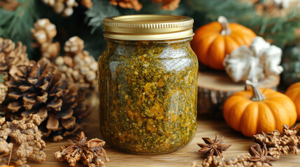 Homemade pesto sauce in jar surrounded by autumn decorations, including pumpkins and pine cones, evokes warm, cozy feeling
