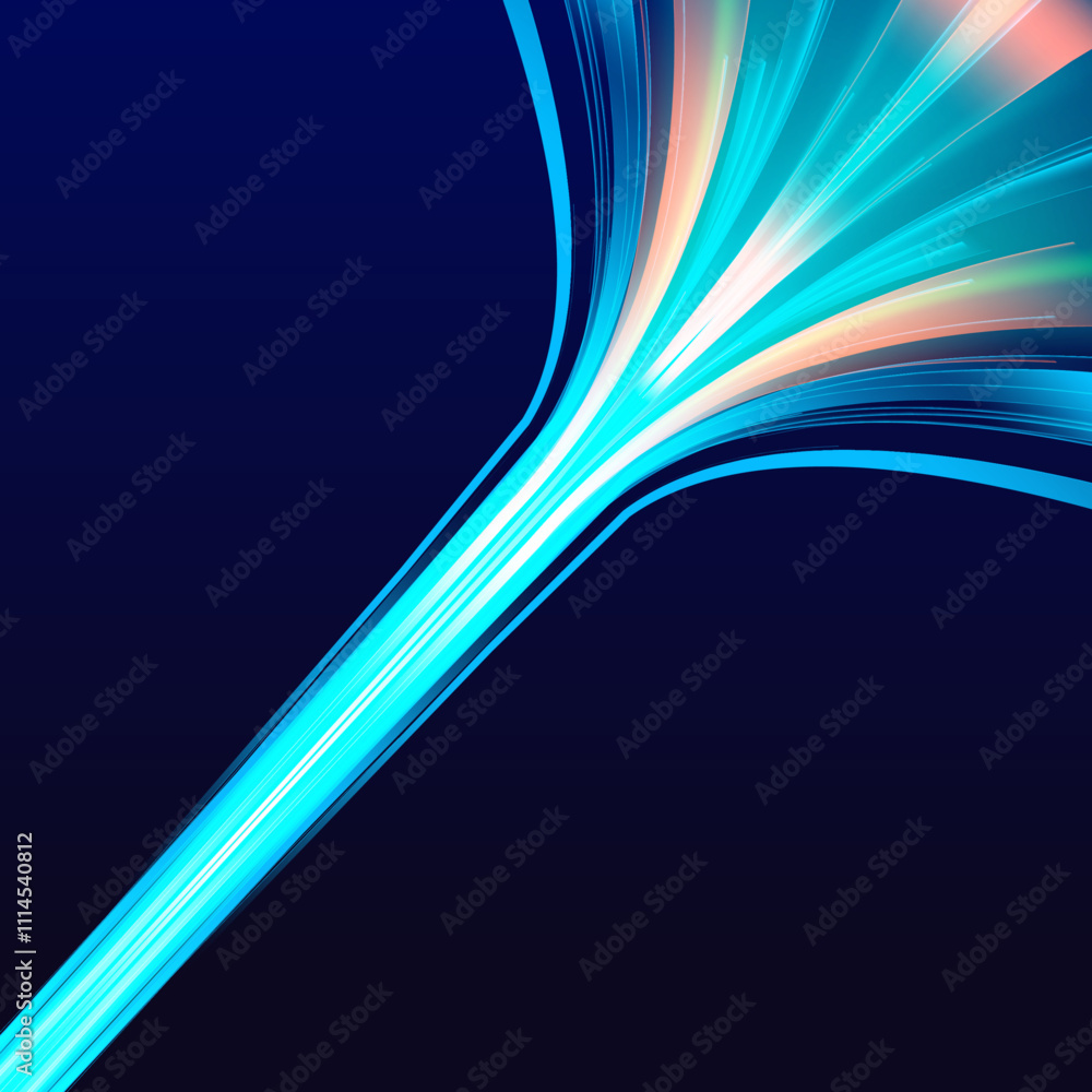 Poster high-speed light line in the form of a road and a highway in a night city. particle motion light eff