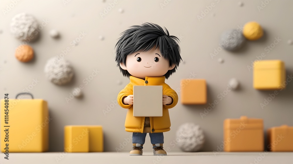 Aufkleber 3d rendered of a playful whimsical protagonist firmly gripping a plain cuboid cardboard container wi
