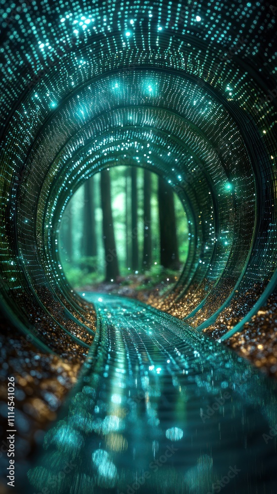Poster mystical tunnel with glowing elements and trees.