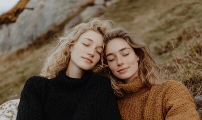 Fototapeta premium Serene Portrait of Two Lesbian Women Relaxing Outdoors