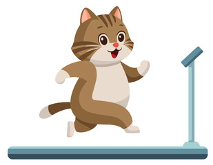 Fototapeta premium ルームランナーで走るちょっと太った猫のイラスト（笑顔）
