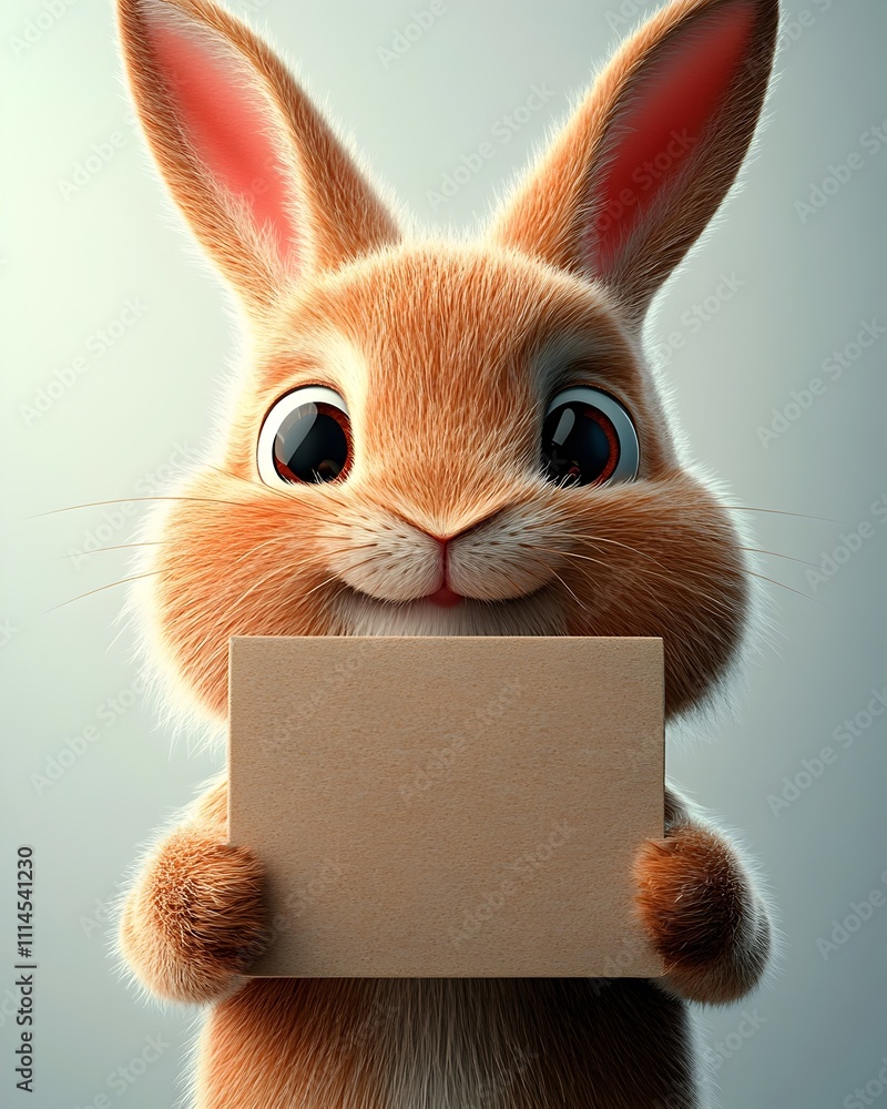 Poster charming 3d rendered cartoon rabbit character firmly holding an unbranded rectangular paper package 