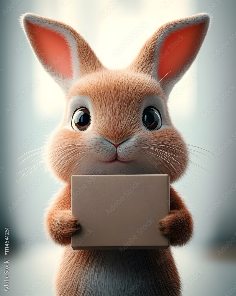 Aufkleber charming 3d rendered cartoon rabbit character firmly holding an unbranded rectangular paper package 